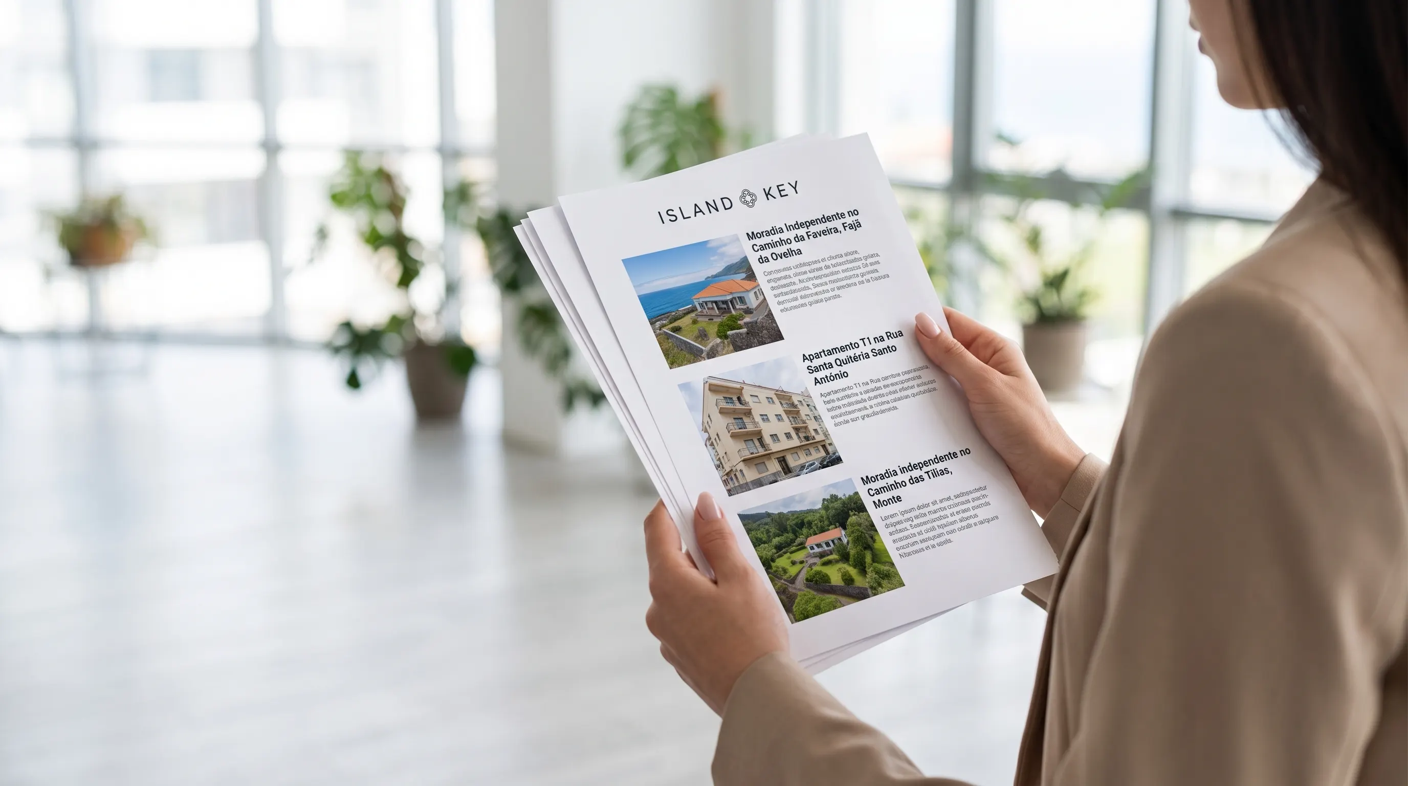 A woman reviews a printed Island Key property selection