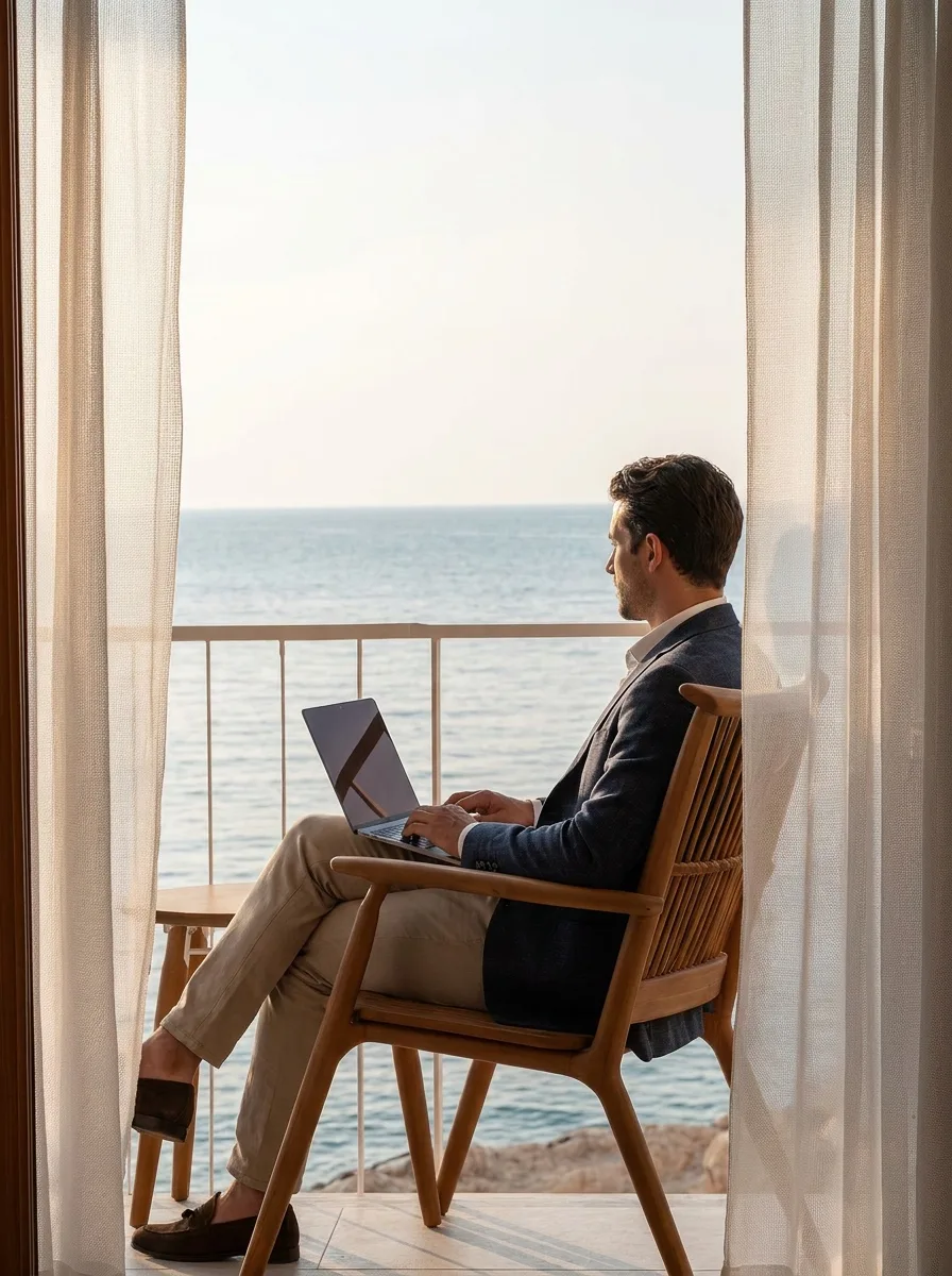 An owner with a laptop on the balcony above the ocean