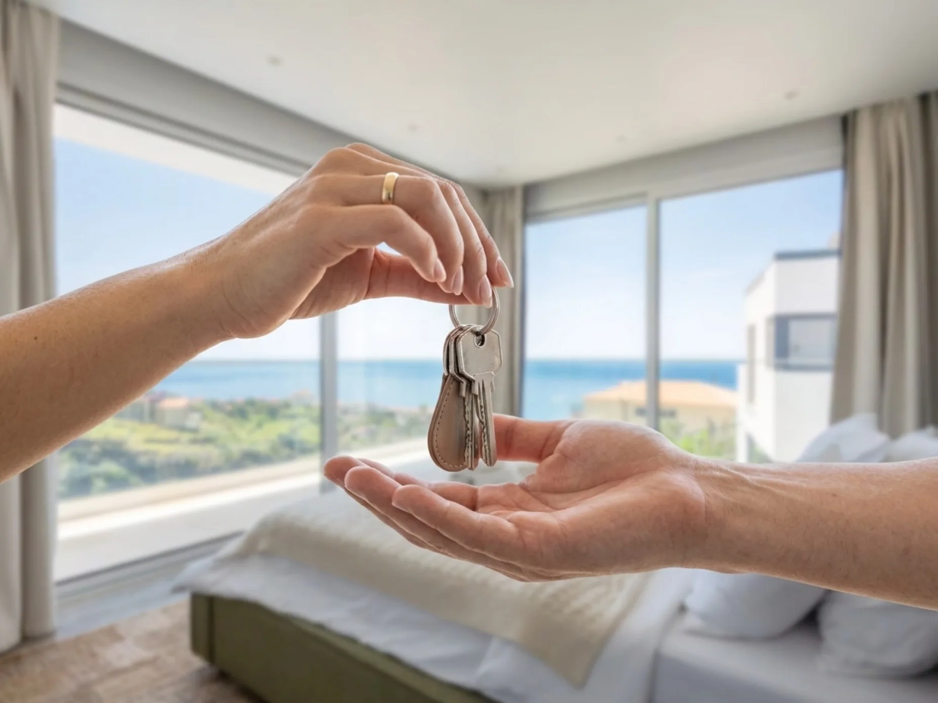 Keys handed over in a room with the ocean in the window