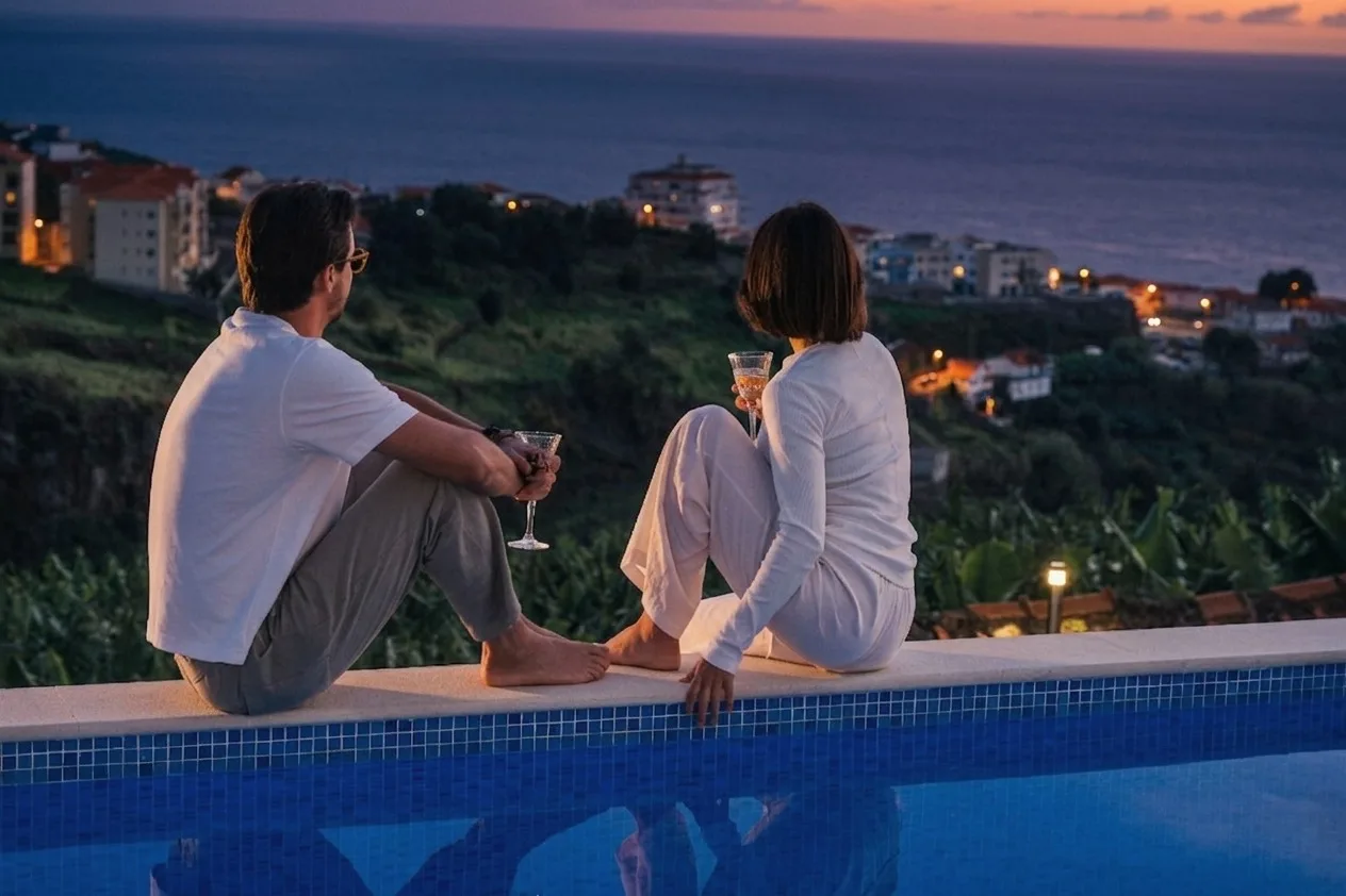 Guests with glasses of wine at the pool above the ocean at dusk