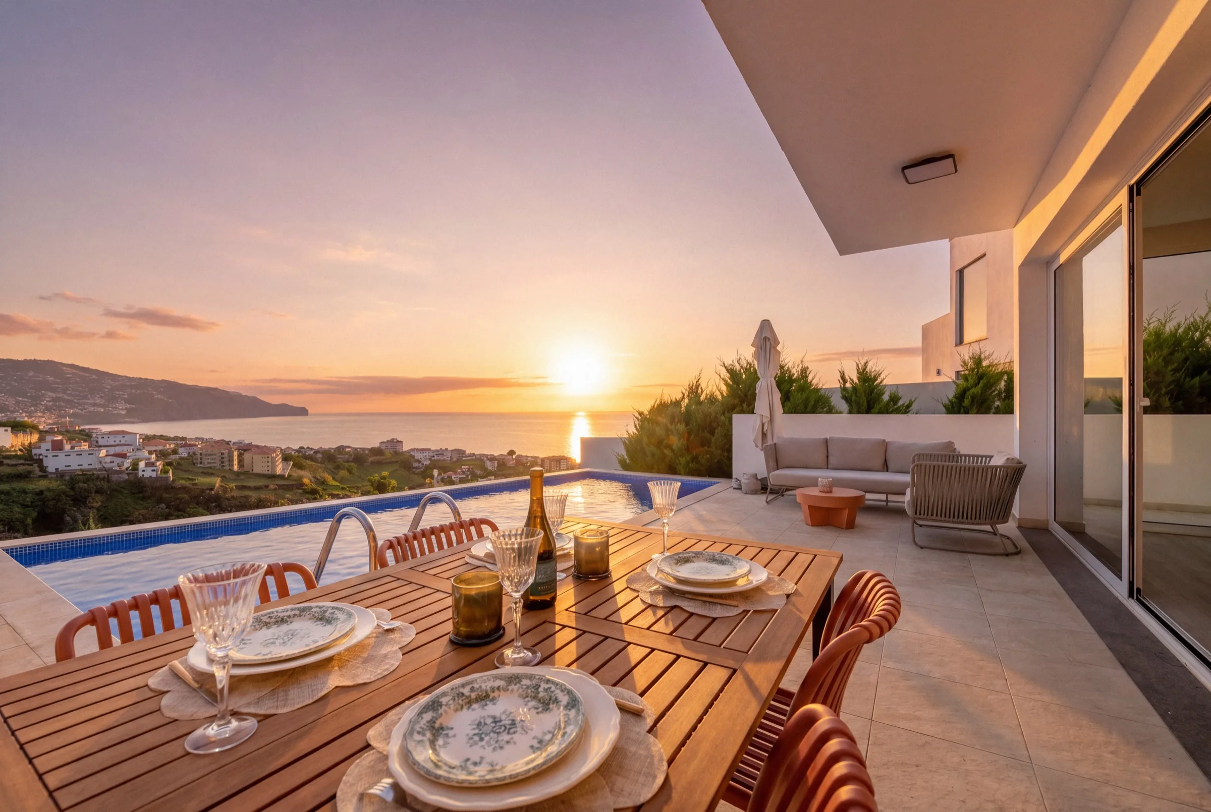 A dinner table set on a Madeira terrace at sunset